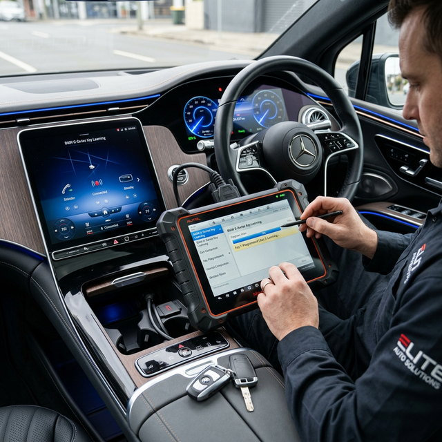 Automotive key programmer connected to a vehicle in Denver for transponder key replacement