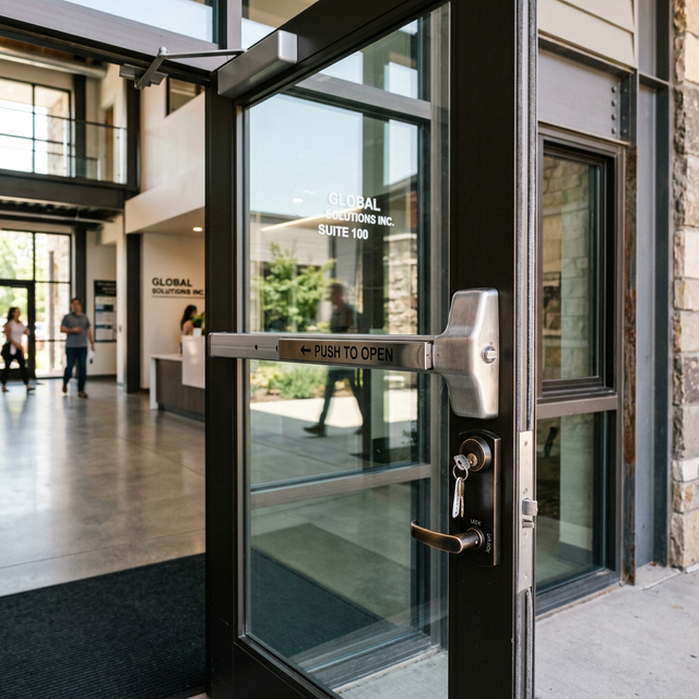 Technician working on commercial storefront lock and crash bar hardware in Denver