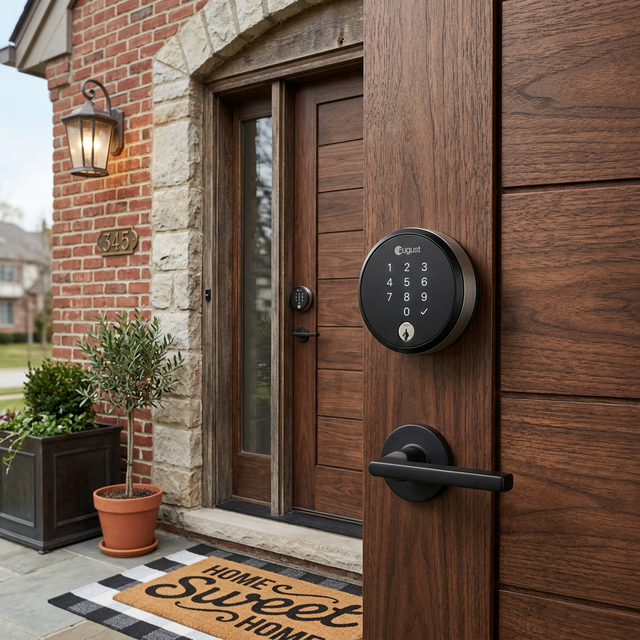 Smart keypad lock freshly installed on a residential entry door in Denver