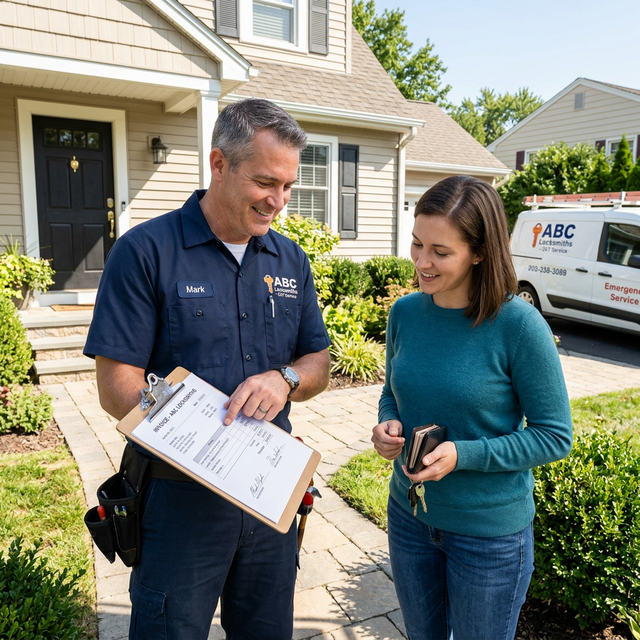 A professional locksmith pointing to a clearly written invoice on a clipboard for a customer outside a house.