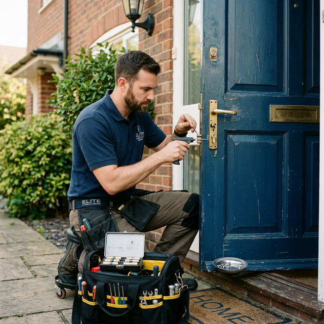 Professional locksmith technician working on a commercial door lock in Denver.