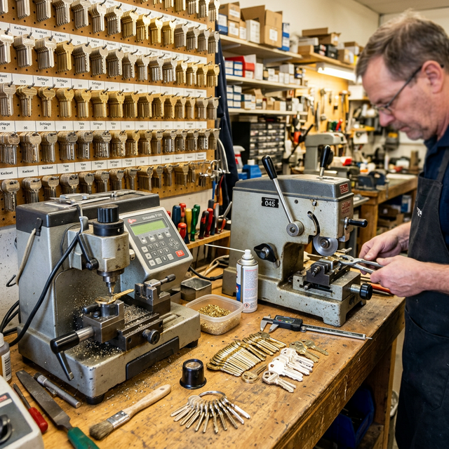 Precision locksmith equipment cutting keys at our Denver storefront at 983 E 73rd Ave Unit A