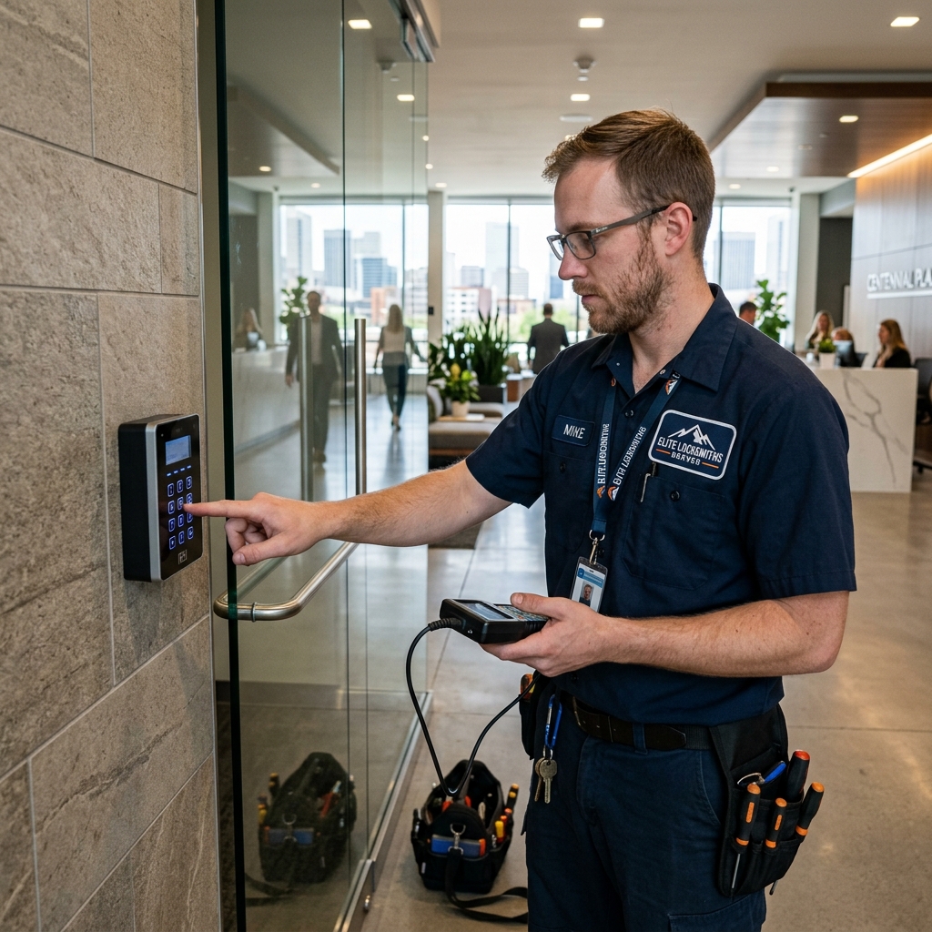 Elite Locksmiths Denver technician programming a commercial access control keypad