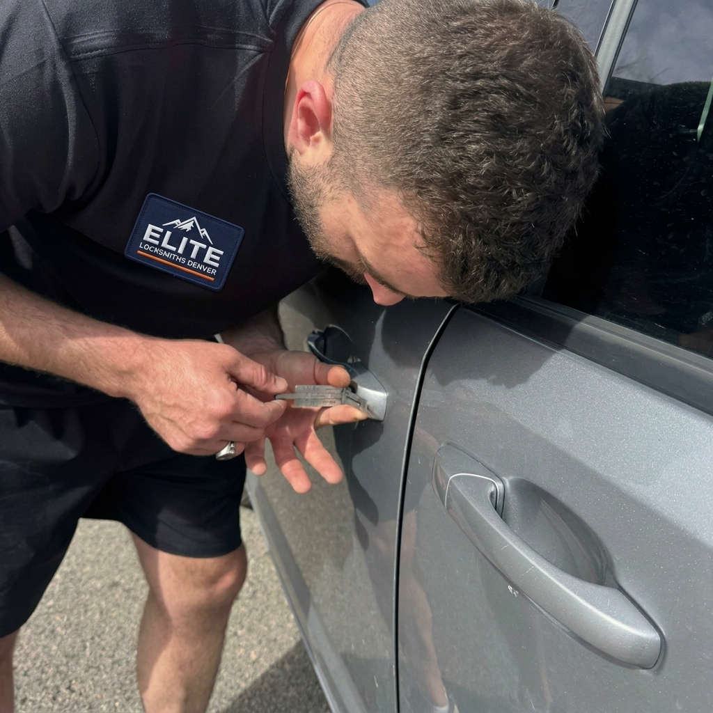 Elite Locksmiths Denver technician extracting a broken car key from a door lock