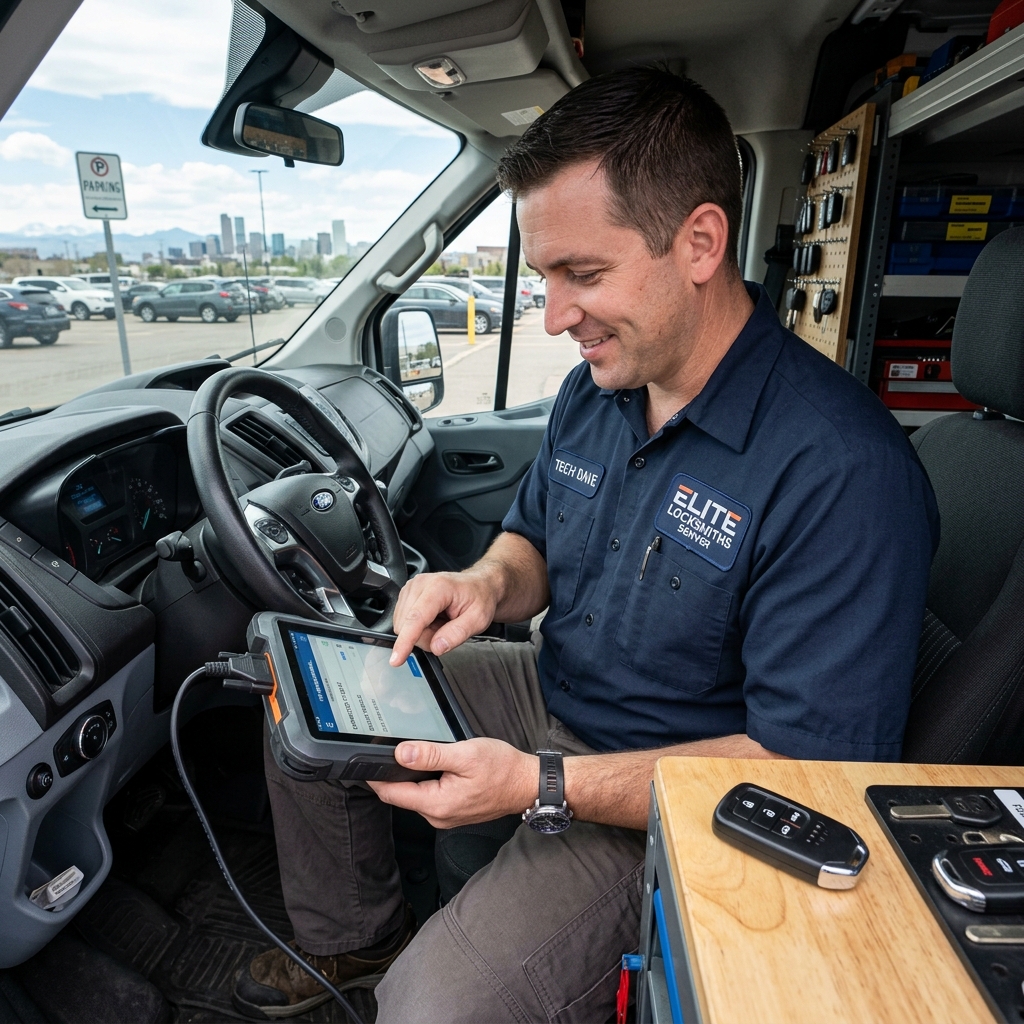 Elite Locksmiths Denver technician programming a car key fob with an OBD-II device