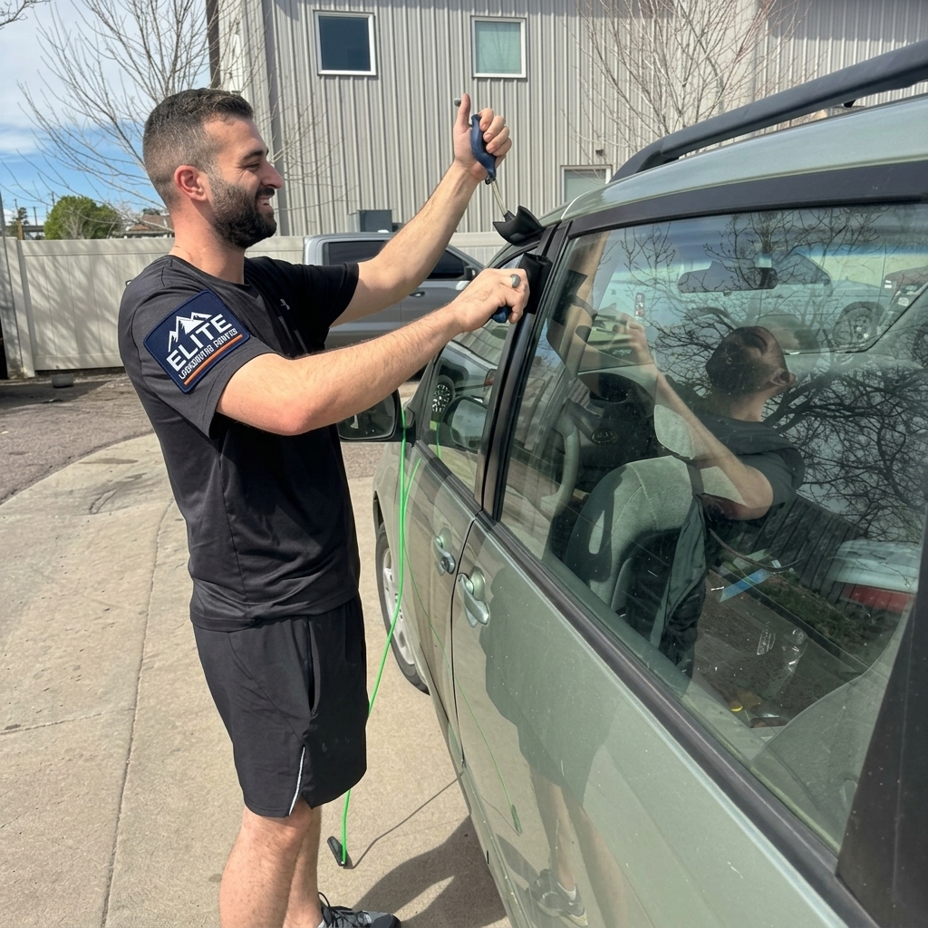 Elite Locksmiths Denver technician using an air wedge for damage-free car lockout