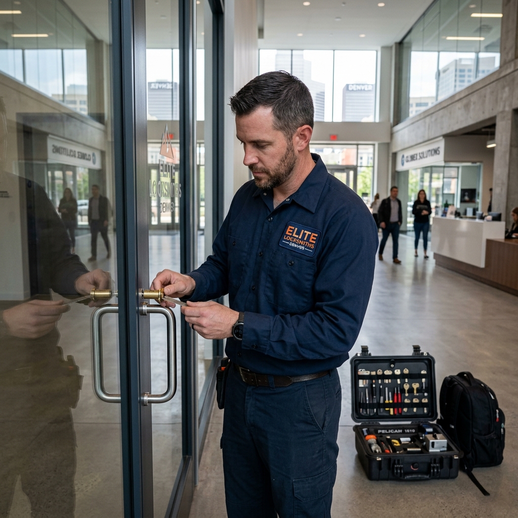 Elite Locksmiths Denver technician servicing a commercial office door lock