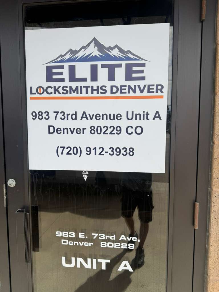 Elite Locksmiths Denver entrance door sign at 983 E 73rd Ave Denver CO 80229