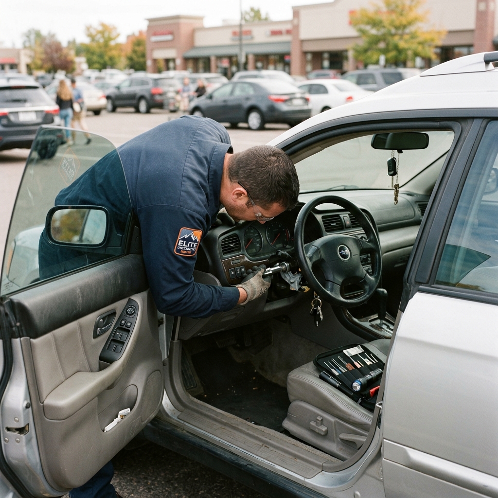 Elite Locksmiths Denver technician repairing a vehicle ignition cylinder on-site