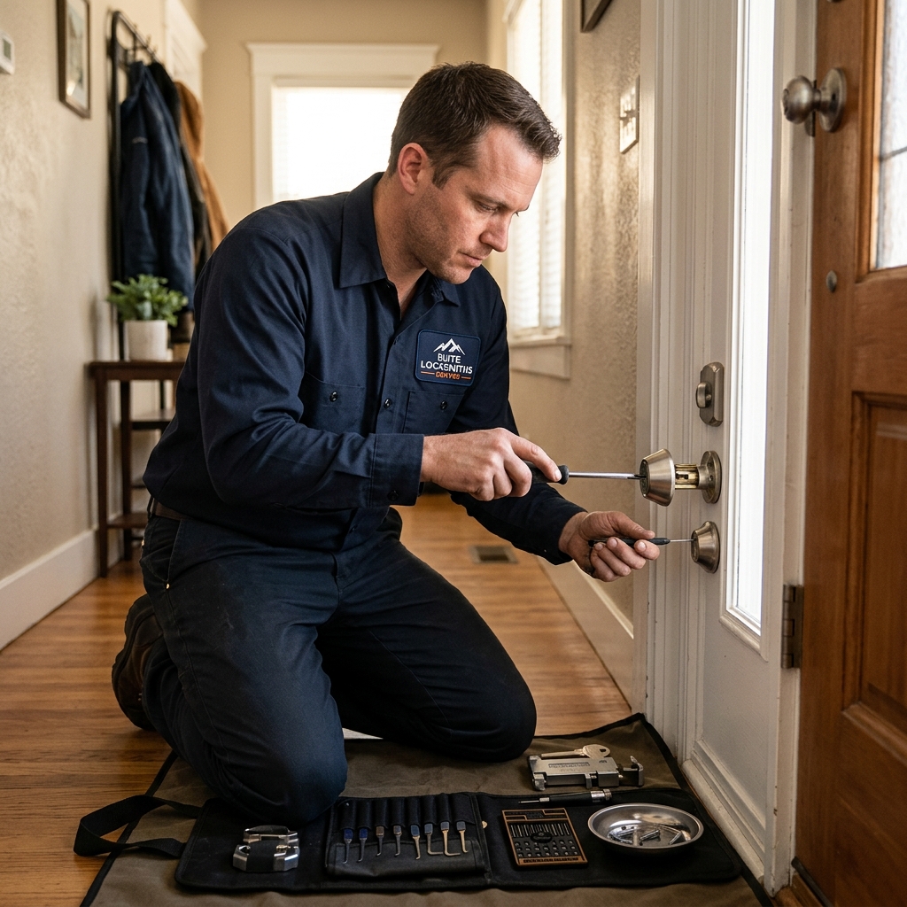 Elite Locksmiths Denver technician repairing a deadbolt lock mechanism on a door