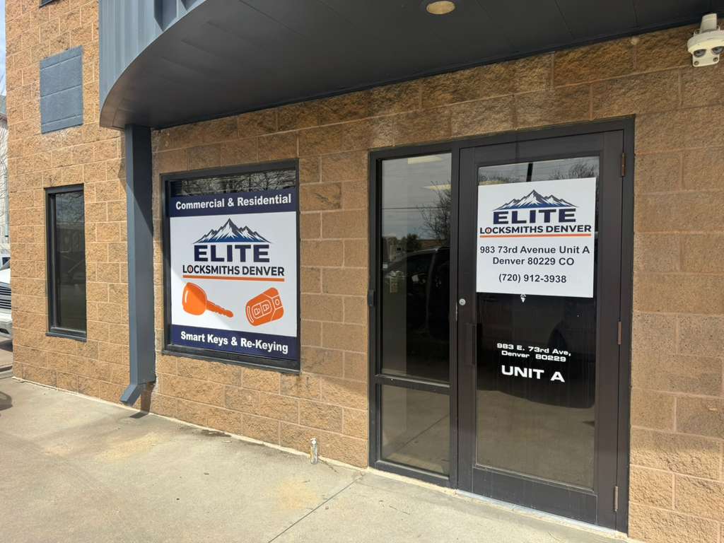 Elite Locksmiths Denver storefront exterior showing the service area coverage