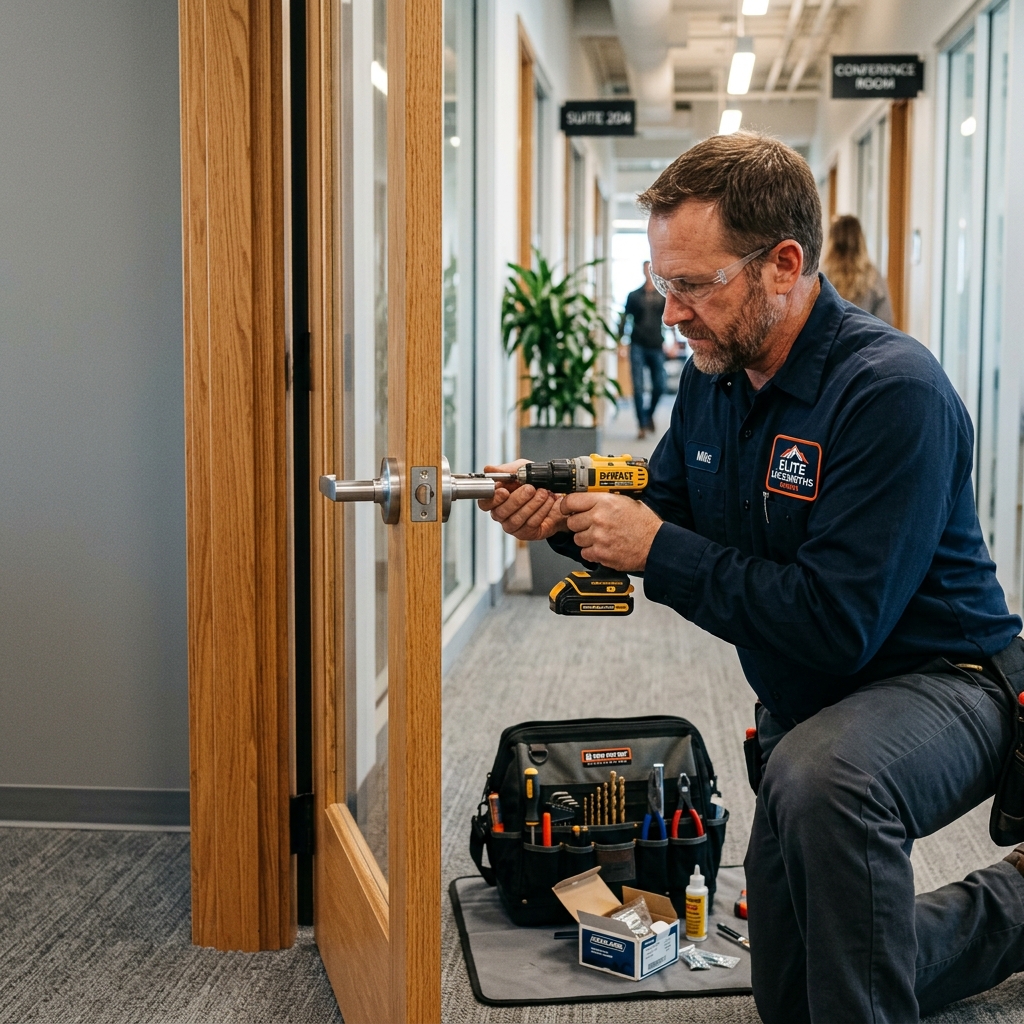 Elite Locksmiths Denver technician installing a commercial lever lockset on an office door