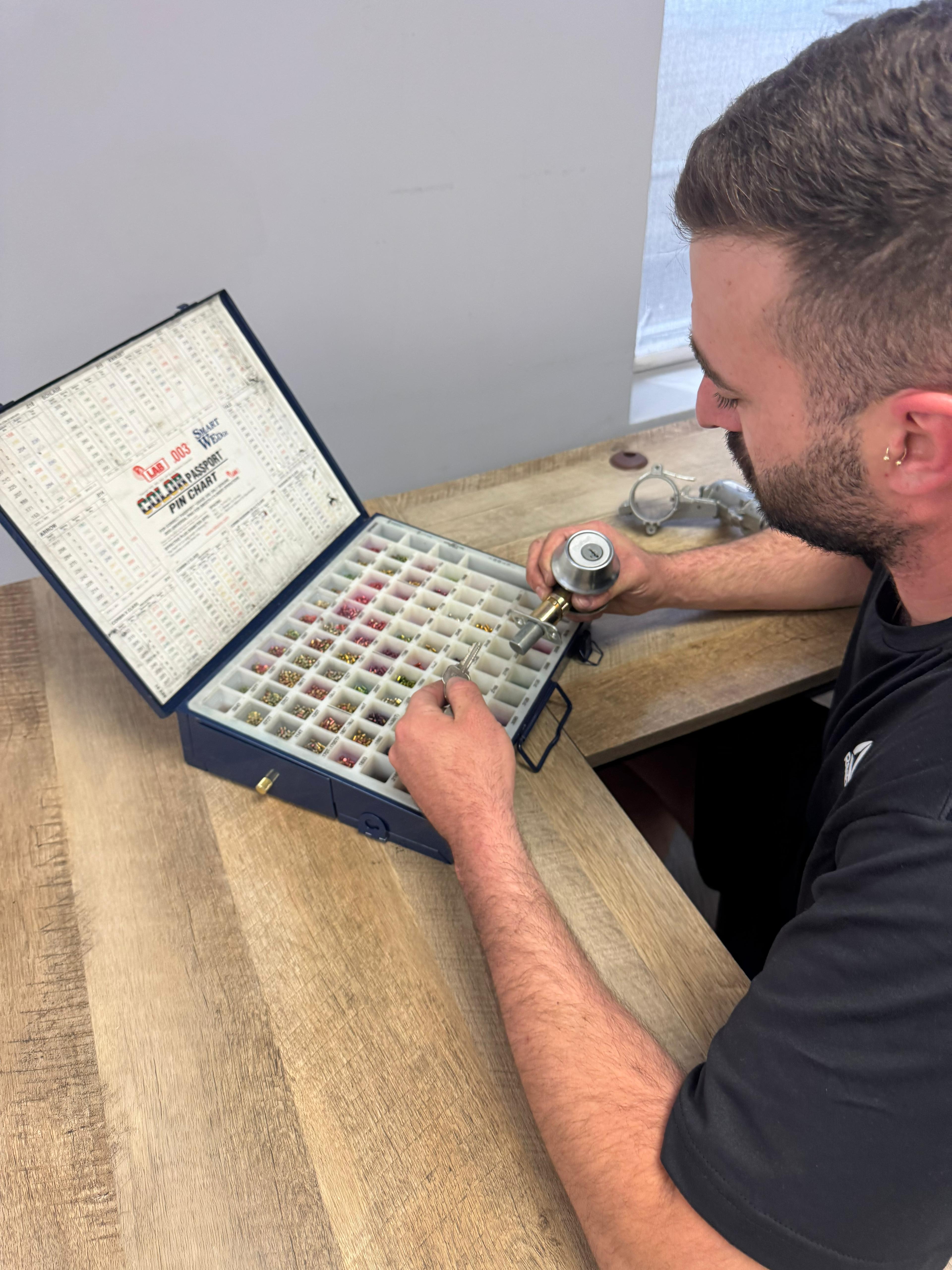 Elite Locksmiths Denver technician rekeying commercial locks with a professional pin kit