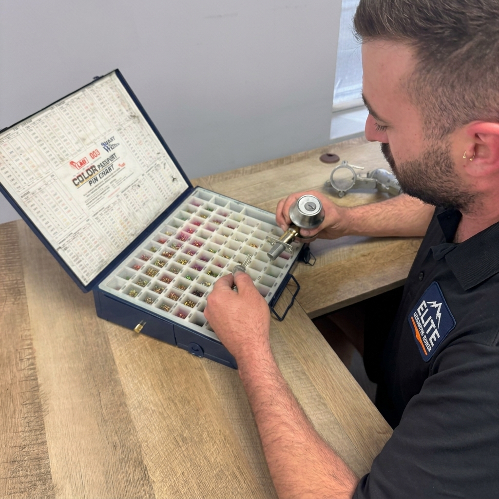 Elite Locksmiths Denver technician rekeying a lock cylinder with a pin kit