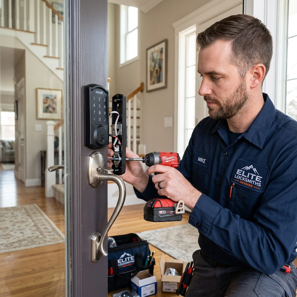 Elite Locksmiths Denver technician installing a modern keypad smart deadbolt